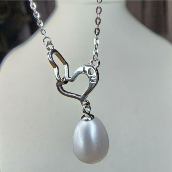 Stamped I LOVE U 925S‎ Silver Drop Freshwater Pearl Pendant Heart Necklace - Picture 3 of 16